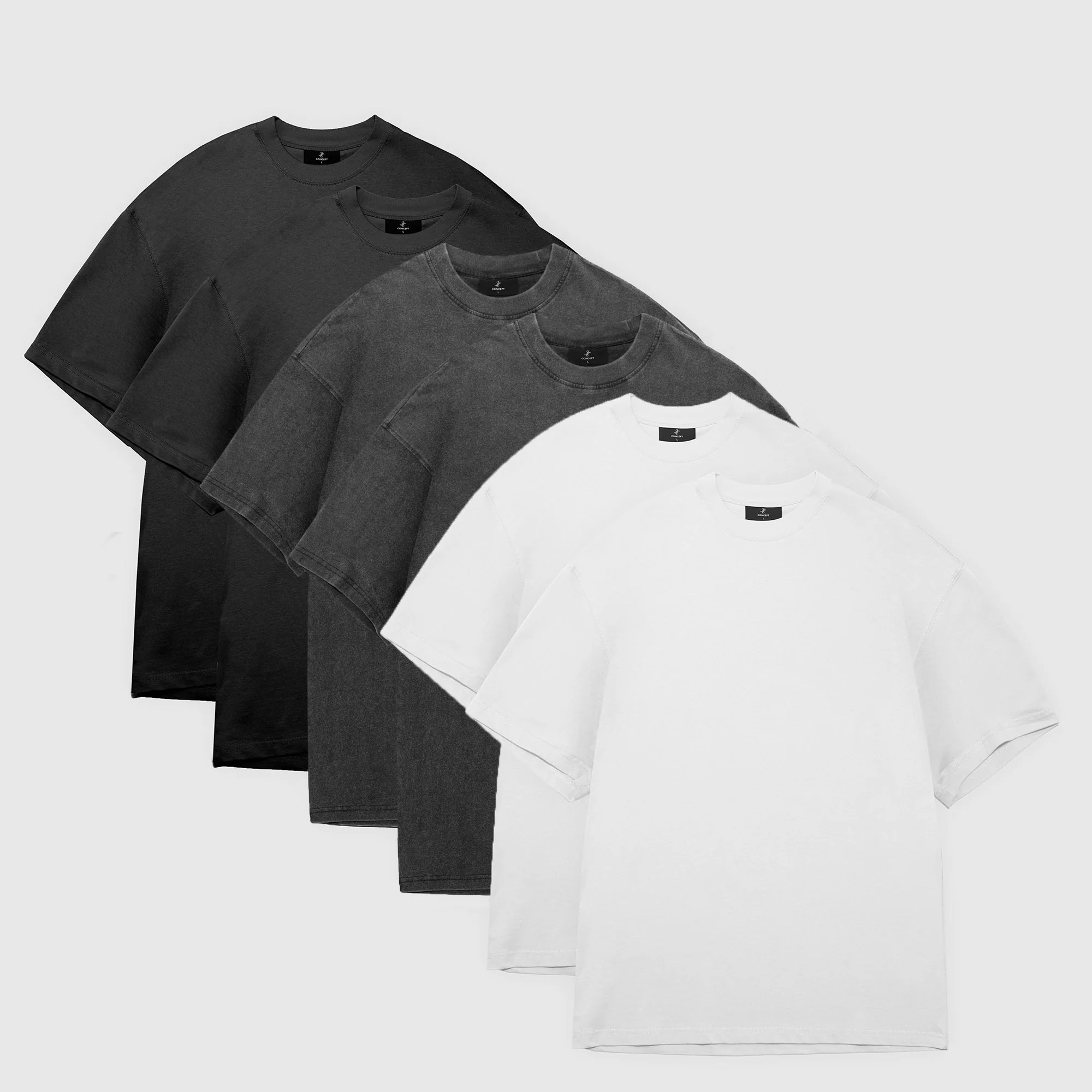 Monochrome 6-pak tungt løstsiddende vasket T-shirt i sort og hvid