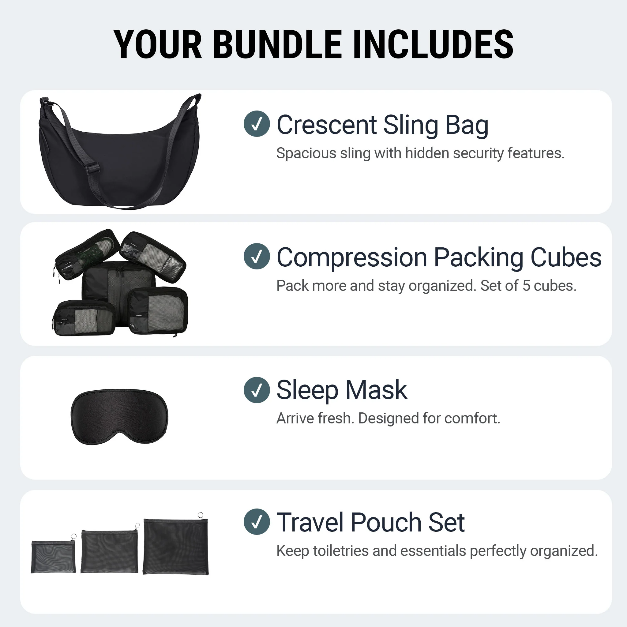 Conjunto de Viagem com Sling Bag Crescent, Cubos de Compressão e Máscara de Dormir