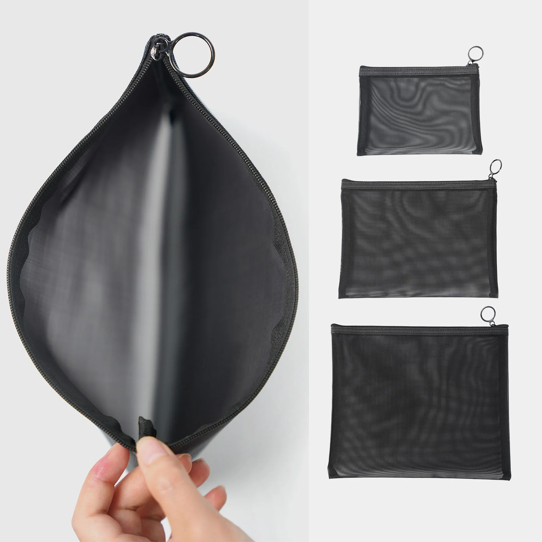 Travel Pouch-sæt i tre størrelser med gennemsigtigt mesh